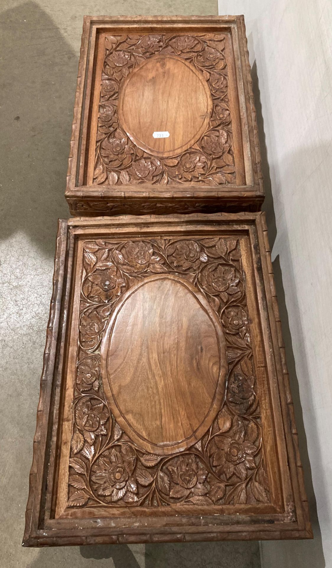 A pair of Asian hand-carved wooden tables with glass tops and with a floral design to each table, - Image 2 of 2