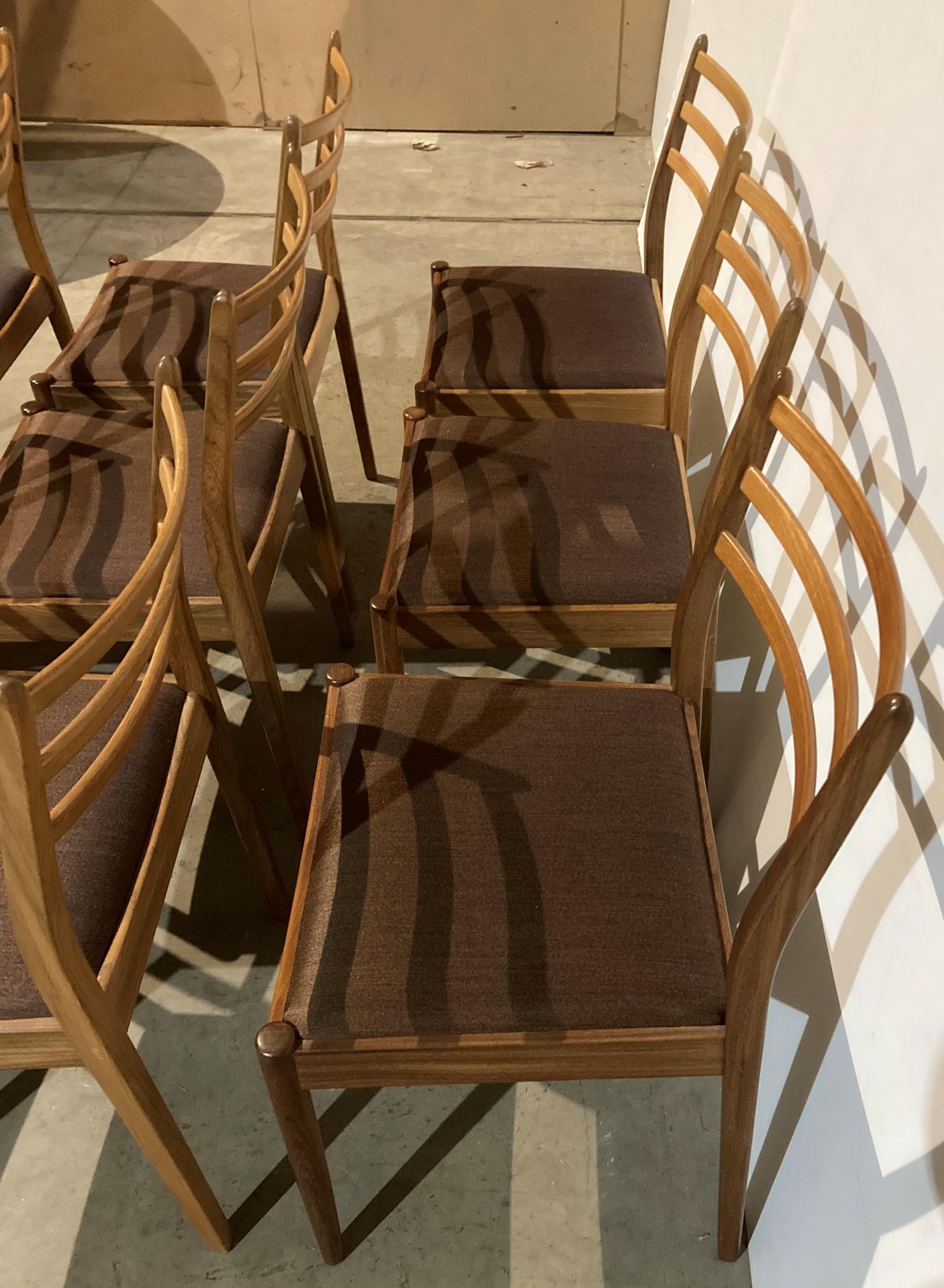 Set of nine Mid Century teak G-Plan dining chairs by VB Wilkins with brown fabric seats (saleroom - Image 4 of 6