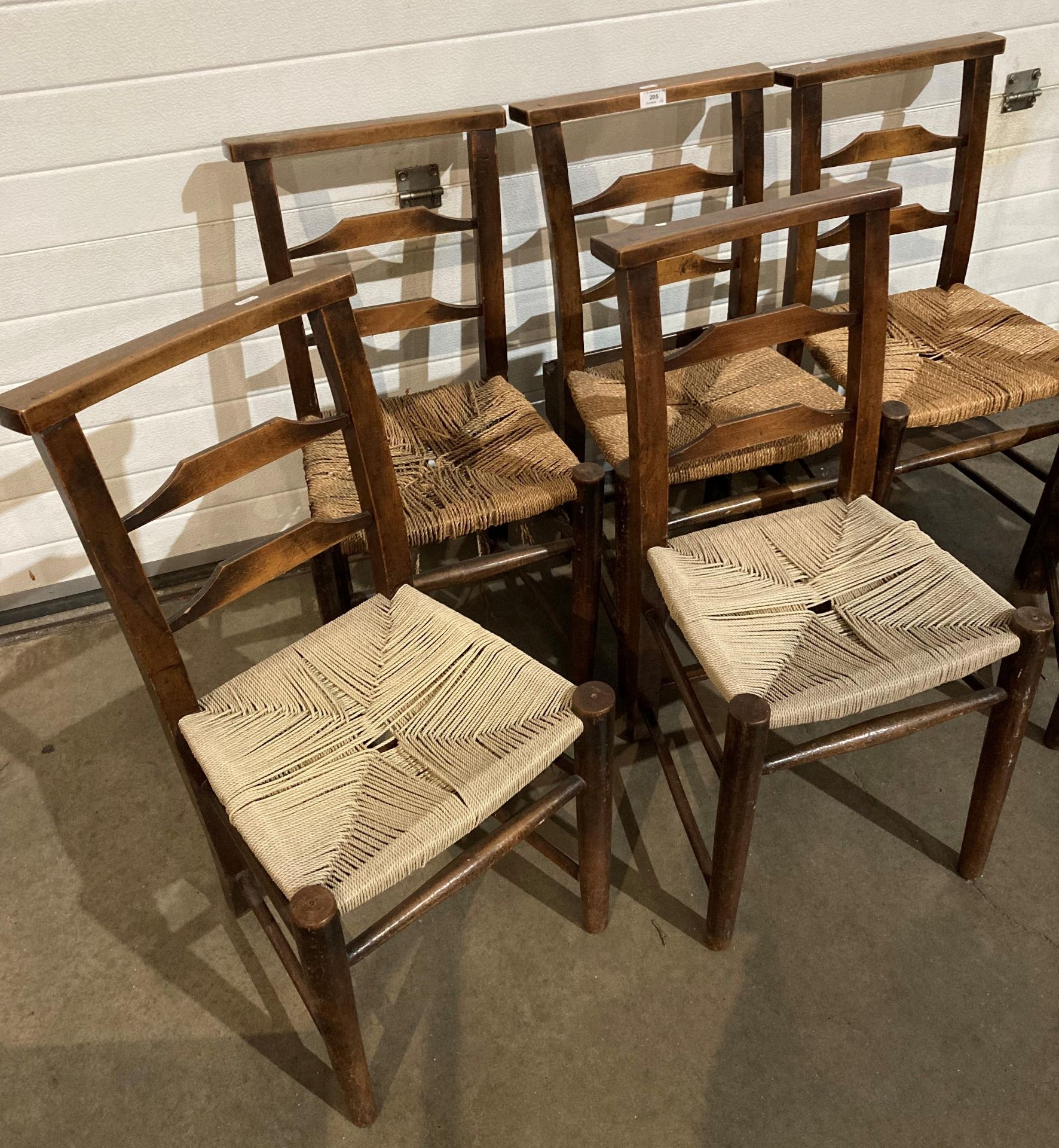 Set of six elm church chairs with re-woven seats and two with book shelves (saleroom location: MA4) - Image 2 of 3