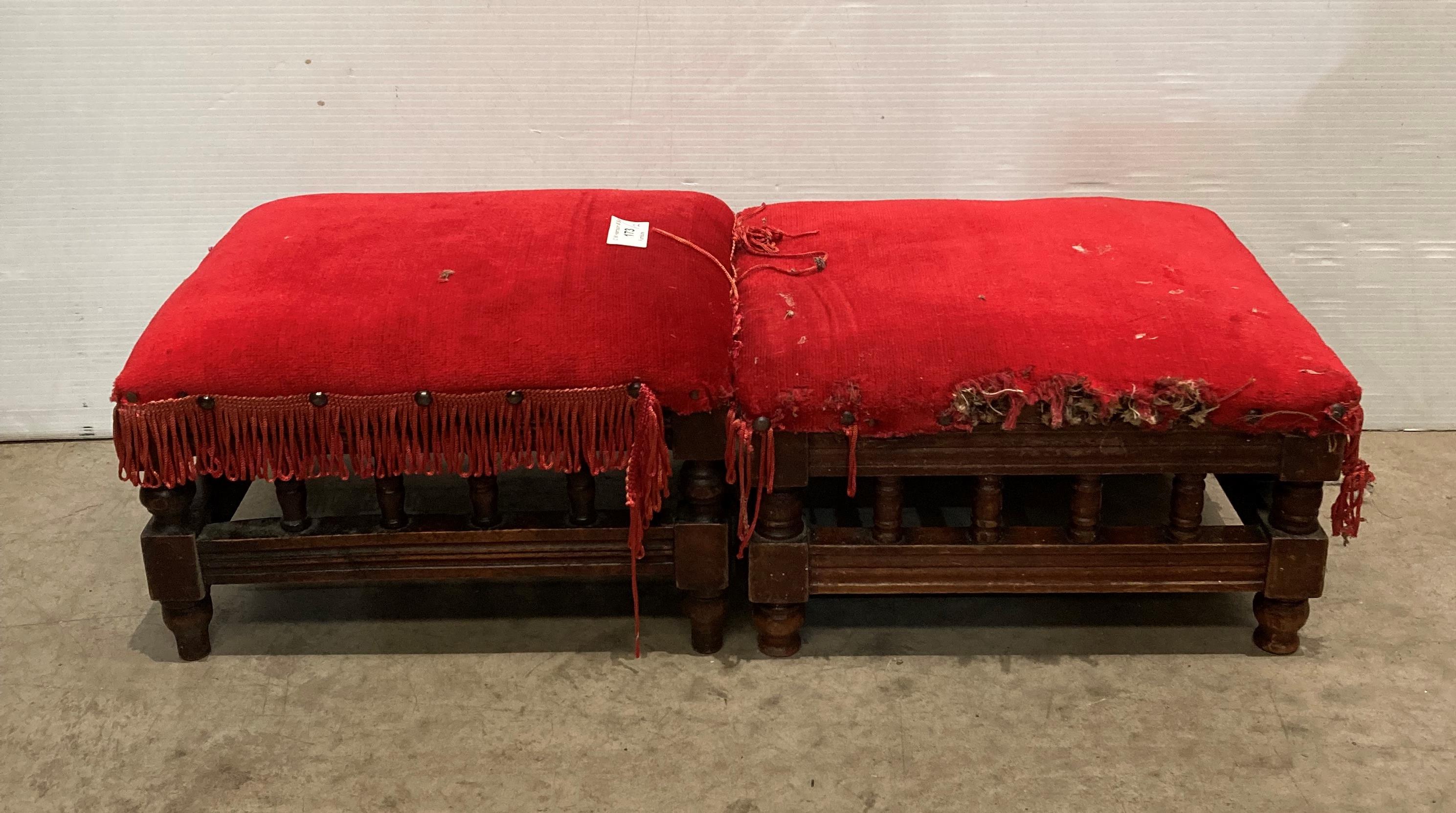 A pair of Edwardian mahogany stained church kneeling stools with red velvet upholstery,