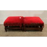 A pair of Edwardian mahogany stained church kneeling stools with red velvet upholstery,