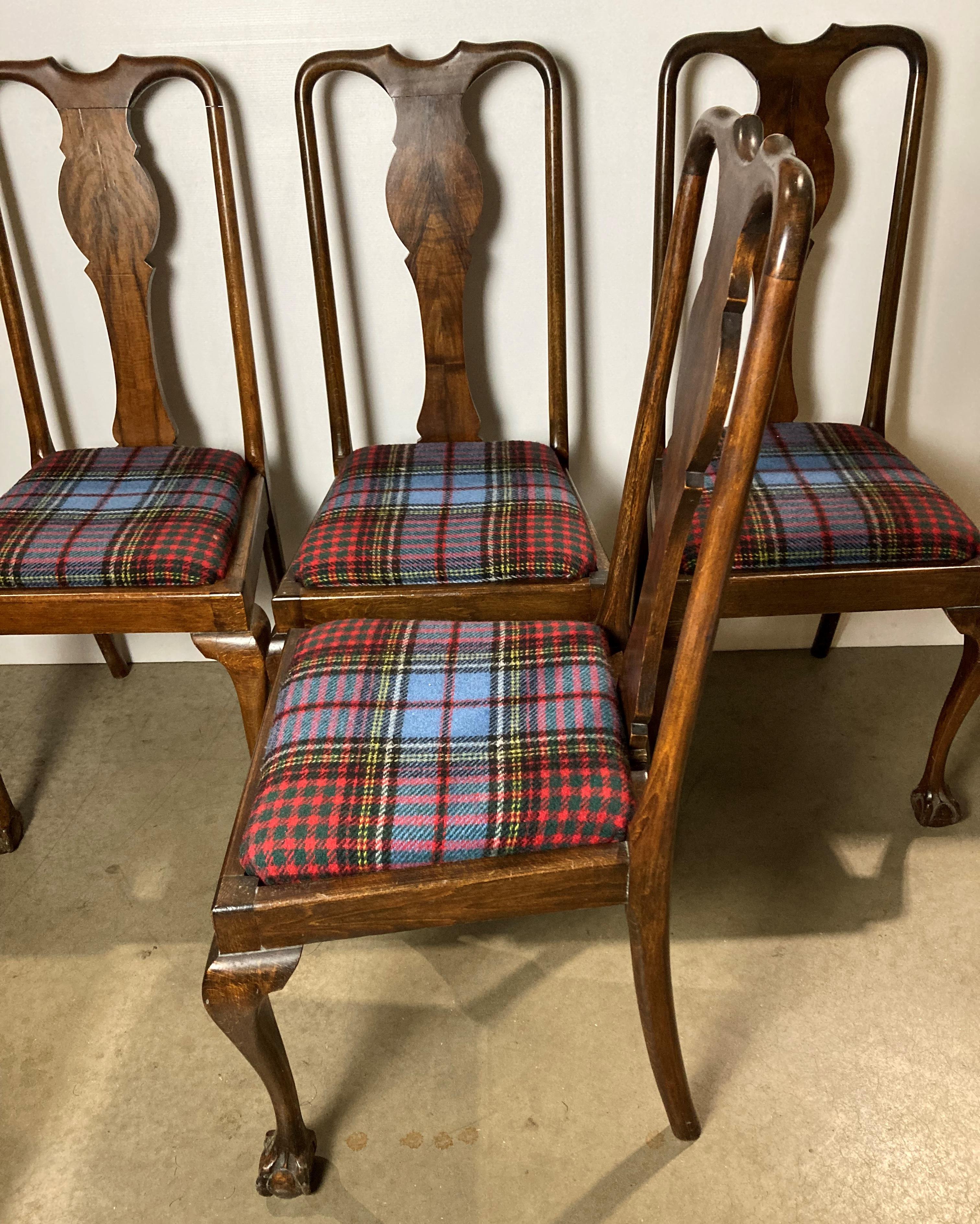 Set of four mahogany dining chairs on claw and ball feet with tartan-style fabric (re-upholstered) - Image 2 of 4