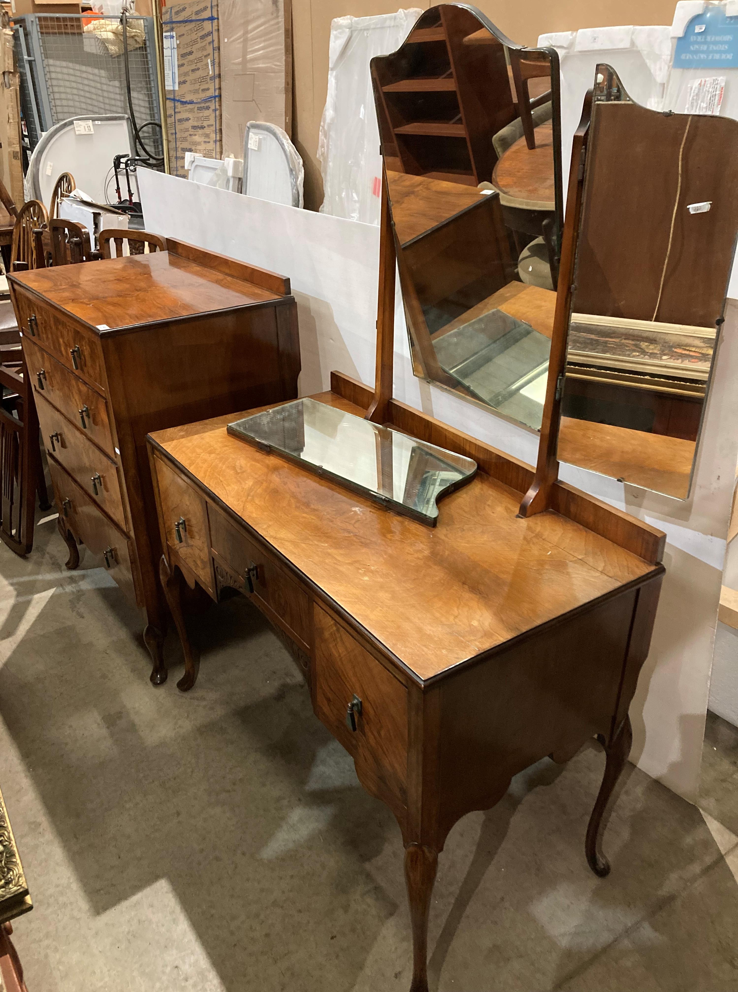 An Art Deco two-piece walnut bedroom suite including a four drawer chest of drawers of cabriole