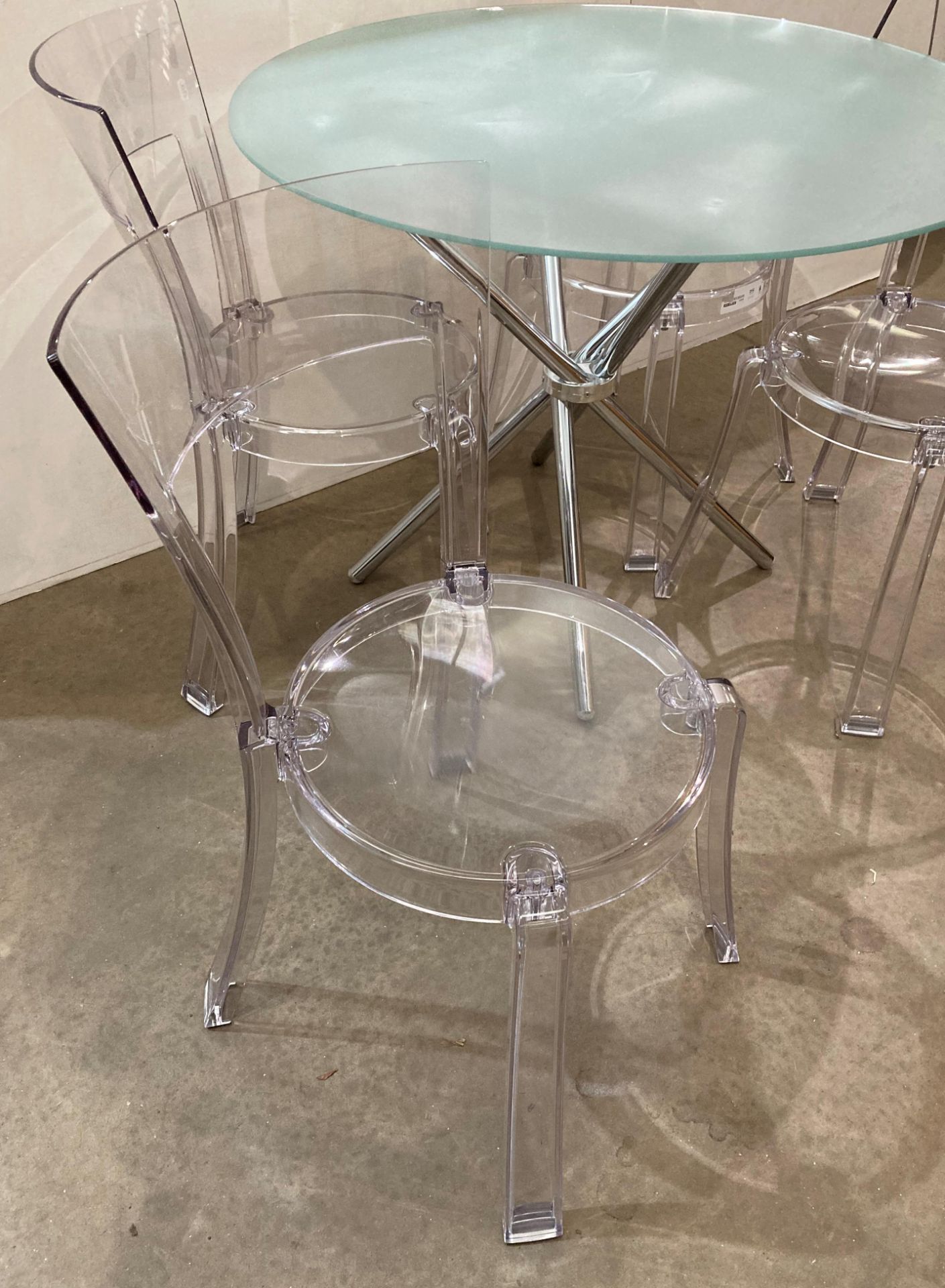 Circular frosted glass dining table on base (97cm diameter) and set of four Ikea Stein transparent - Image 3 of 3