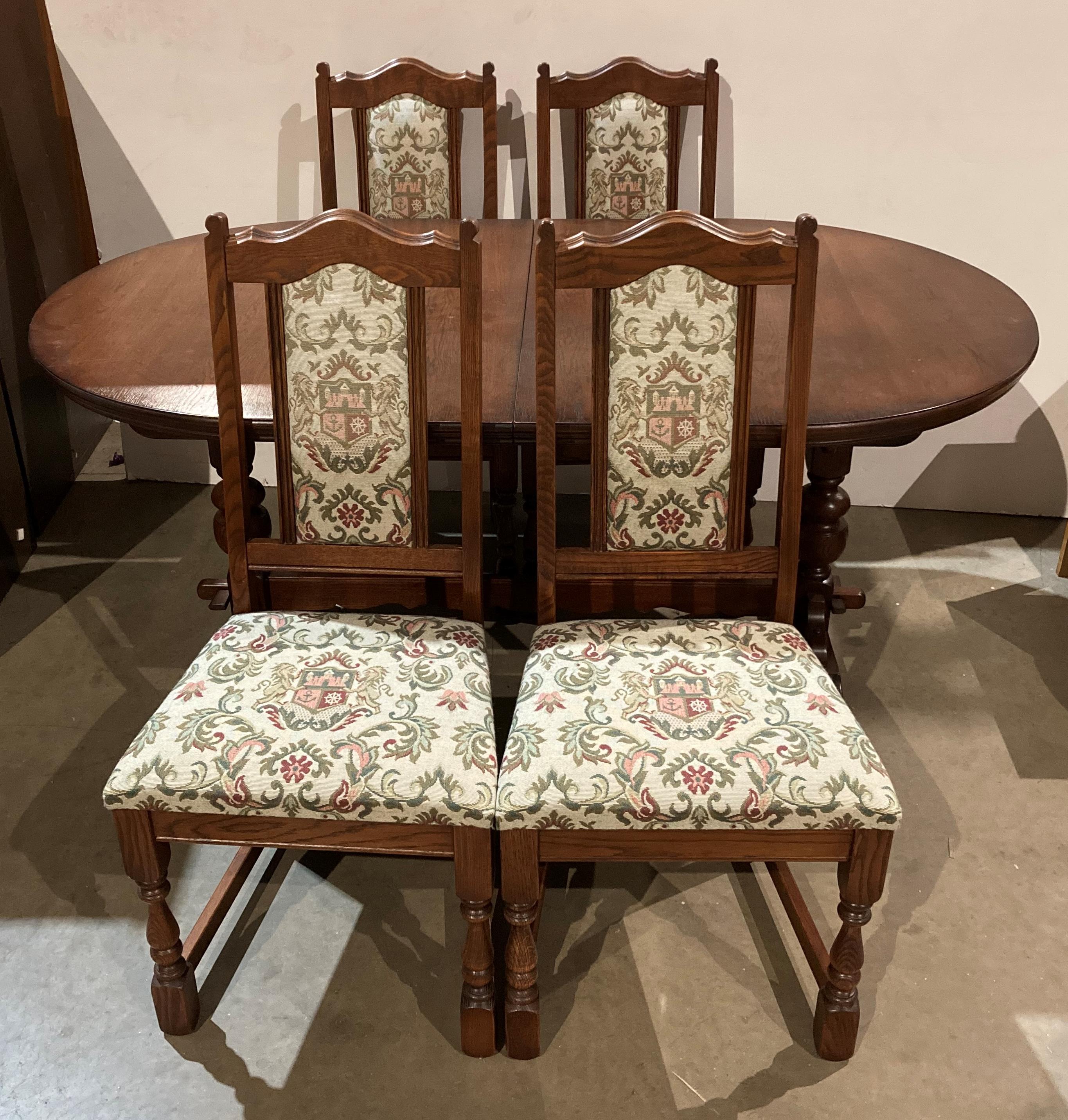 Oak Old Charm extending dining table and four chairs with embroidered fabric,