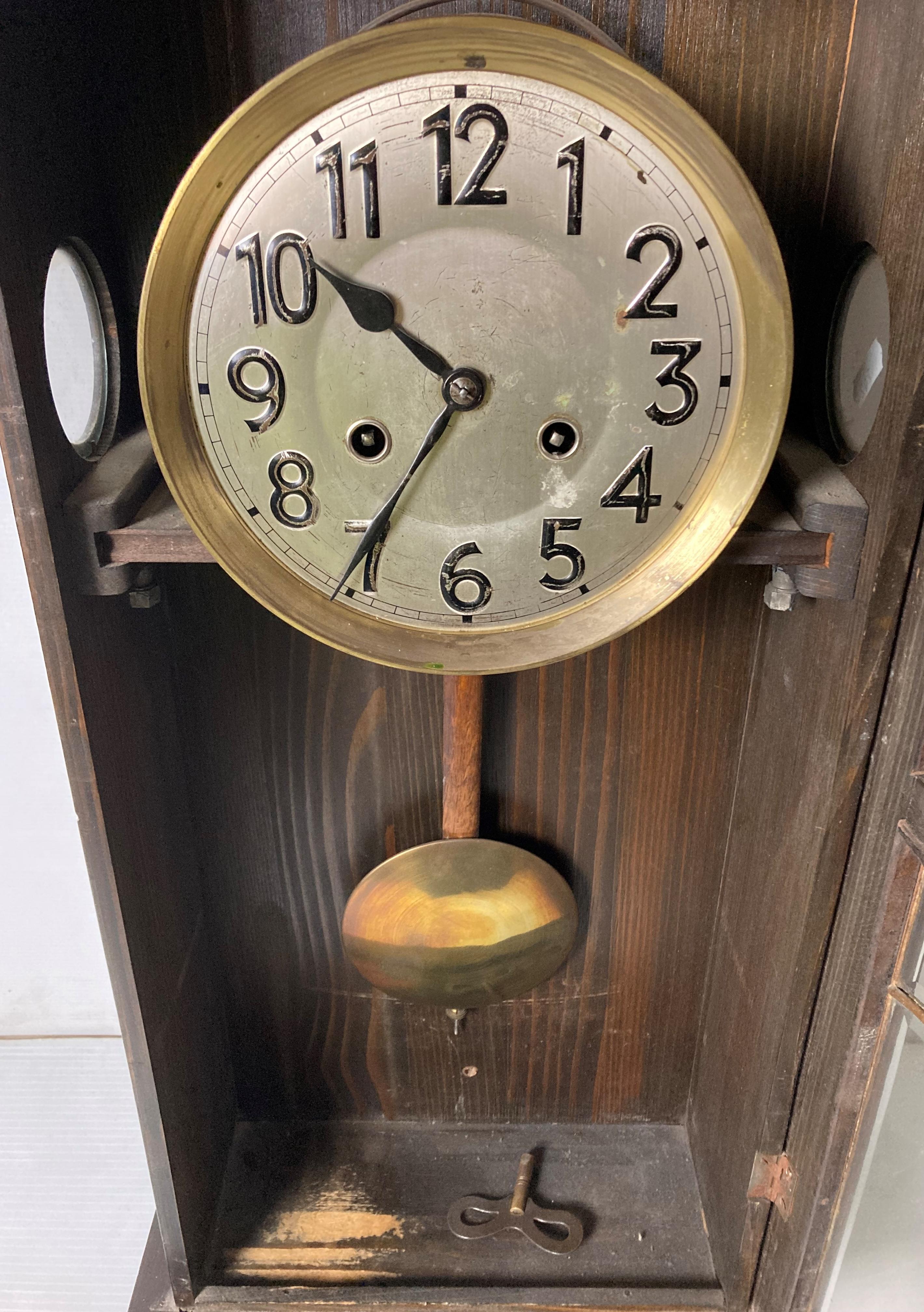 Mahogany cased wall-clock with key and pendulum with cut glass panels, - Image 3 of 3