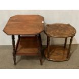 Walnut two-tier side table with brass ends (45 x 34 x 52cm high) and a mahogany two-tier side table