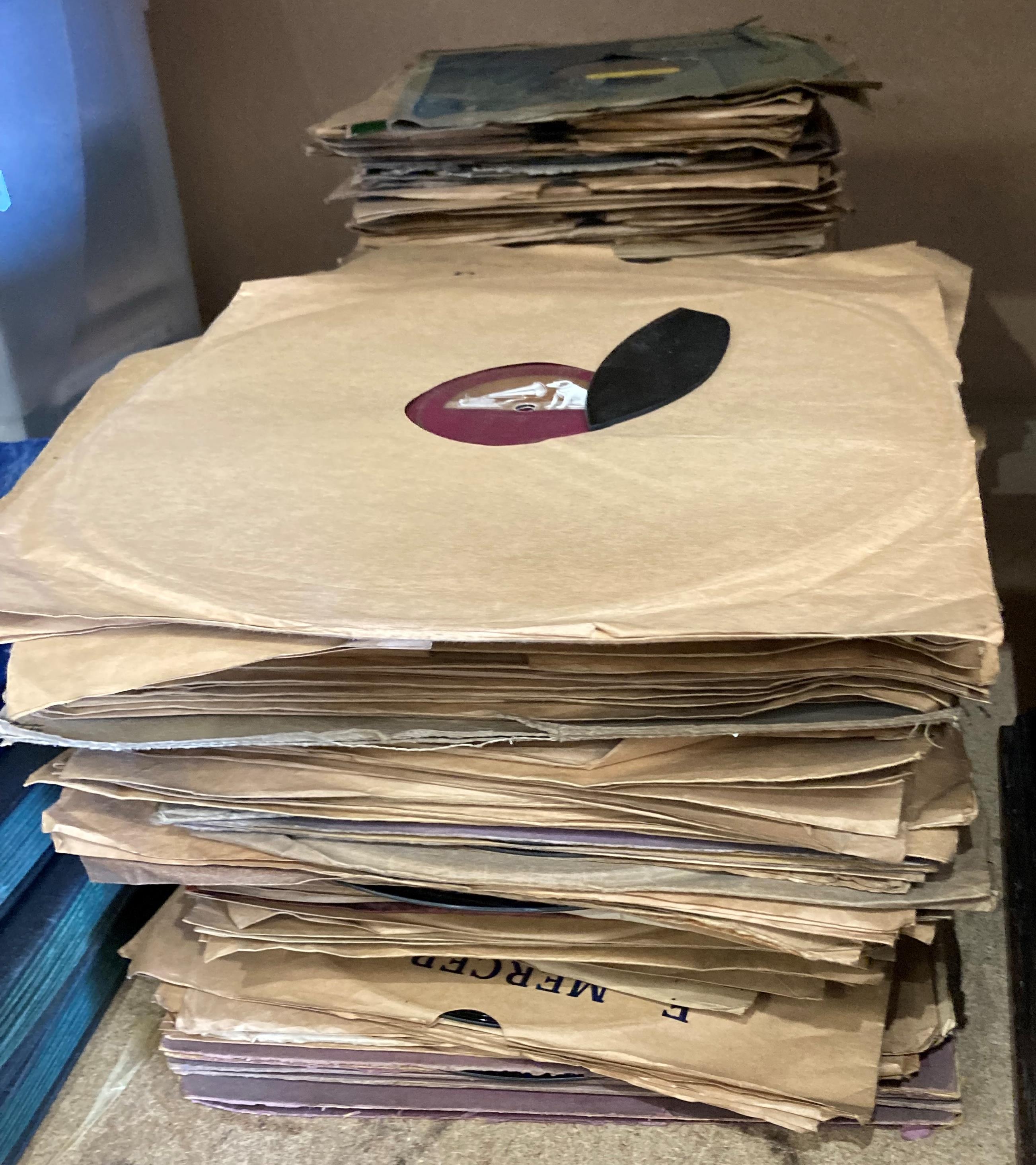 A His Masters Voice table top gramophone in oak case and two large stacks of 78rpm records - Image 6 of 6