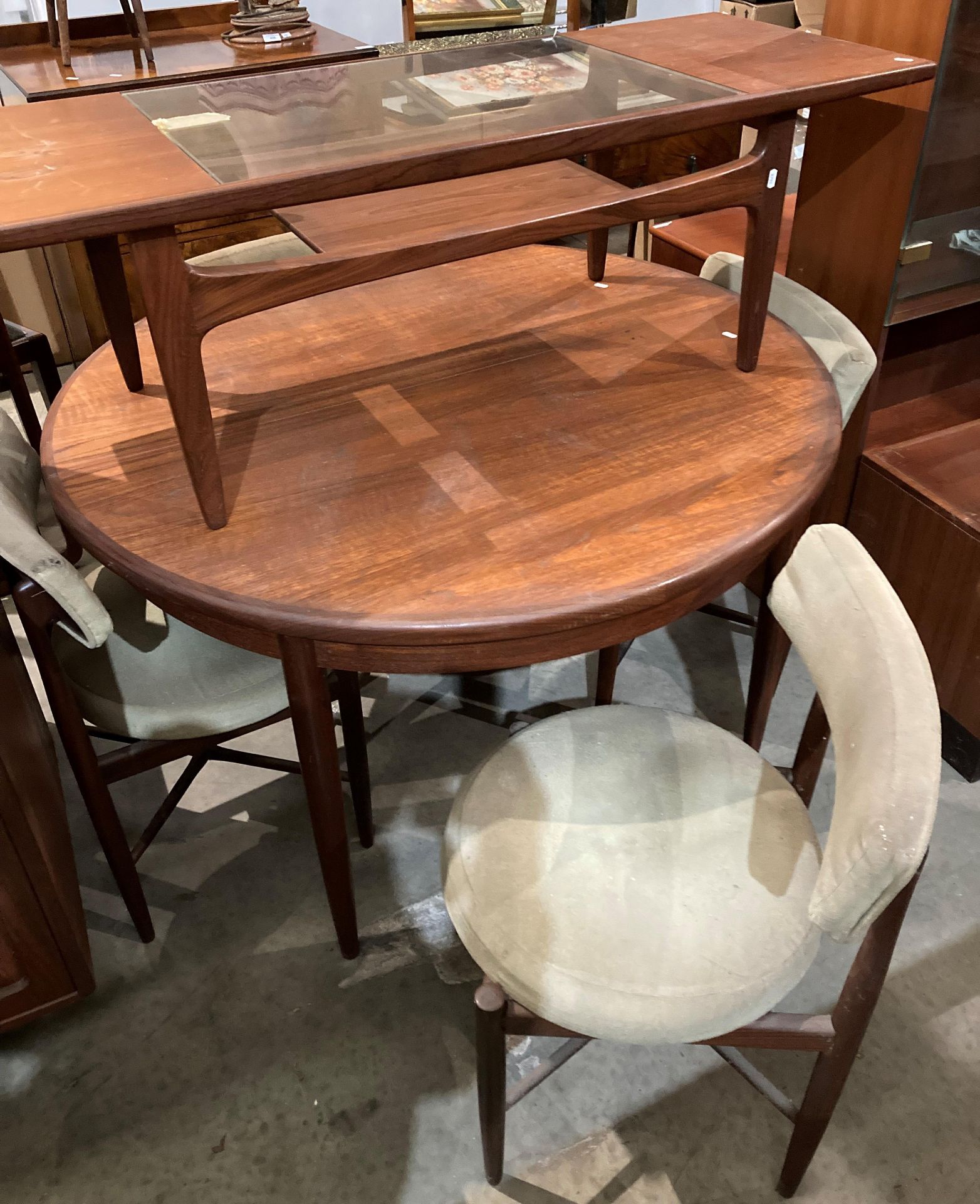 Mid-Century teak G-Plan Fresco eight-piece dining room set including a long sideboard (213.