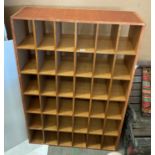 A Mid-Century teak 36-slot pigeon hole/post office sorting rack, unit size: 93 x 139 x 32cm deep,