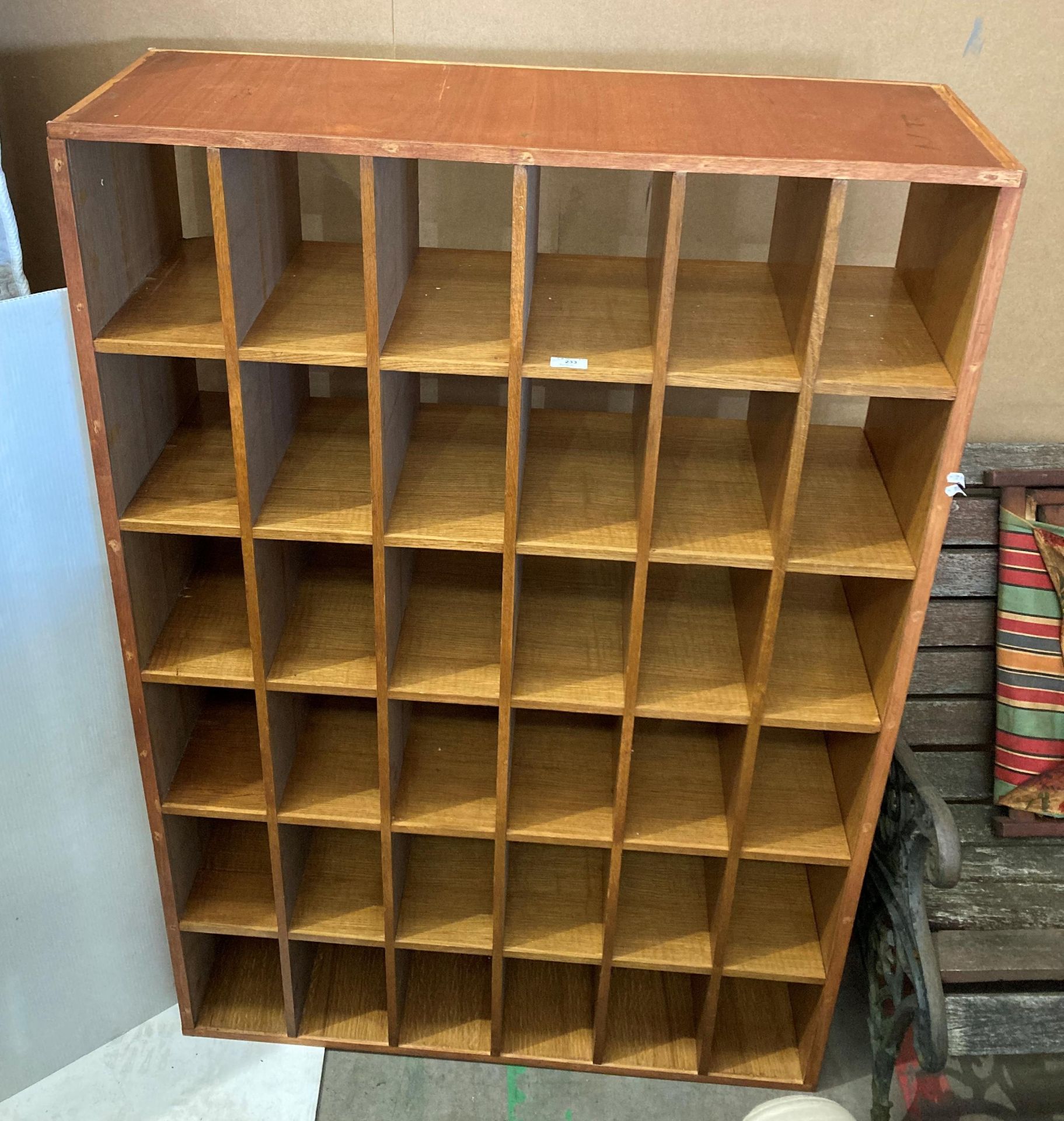 A Mid-Century teak 36-slot pigeon hole/post office sorting rack, unit size: 93 x 139 x 32cm deep,