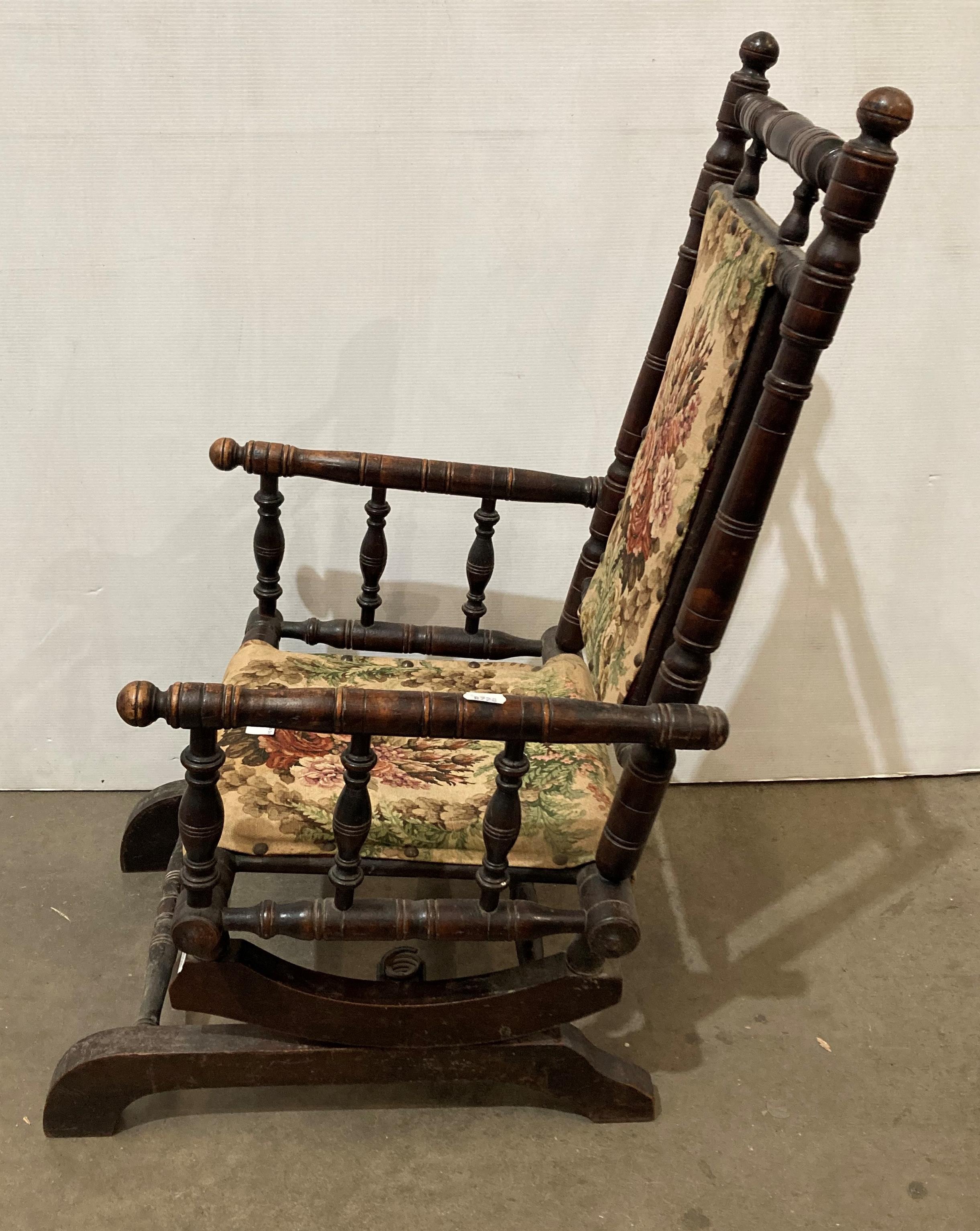 A vintage mahogany children's rocking chair with floral fabric and turned supports, - Image 2 of 4