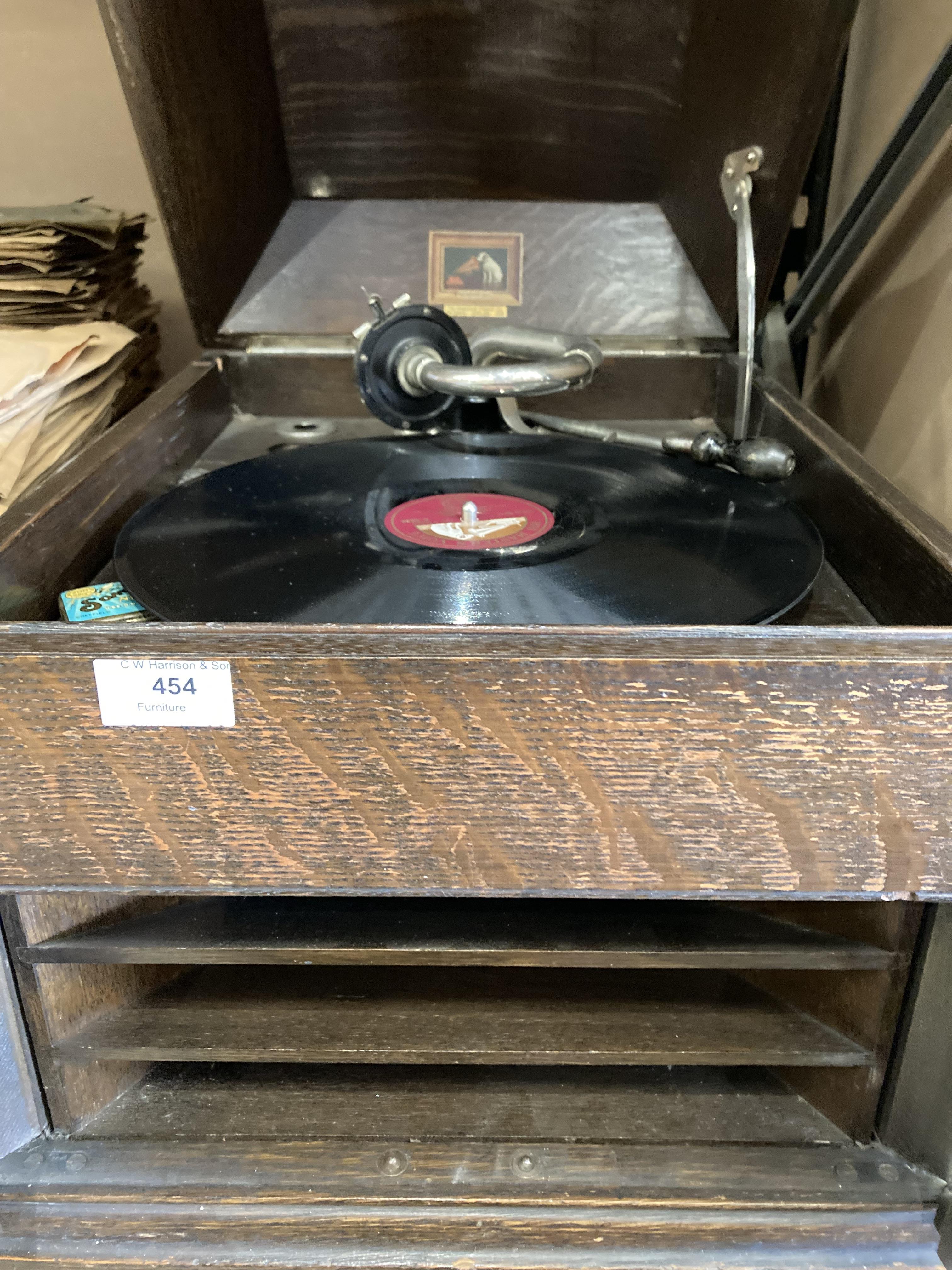A His Masters Voice table top gramophone in oak case and two large stacks of 78rpm records - Image 3 of 6