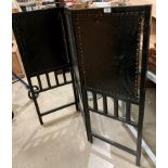 Black painted wood and fabric three section folding screen 135cm (when open) x 112cm high (saleroom