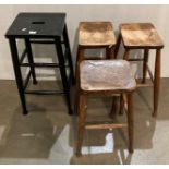 Pair of oak stools (63cm high) and two other oak stools - one painted black (Saleroom location: