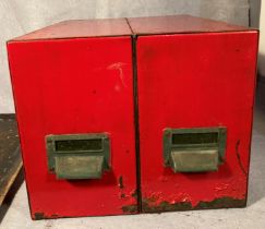 Vintage red metal two-drawer index cabinet (39cm x 29cm x 24cm high) and two reproduction metal