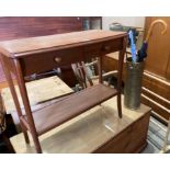 Six items - teak-finish two-drawer side table with under-shelf, wooden towel rail,