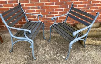 Two grey painted metal framed garden armchairs (sold as seen) (saleroom location: outside)