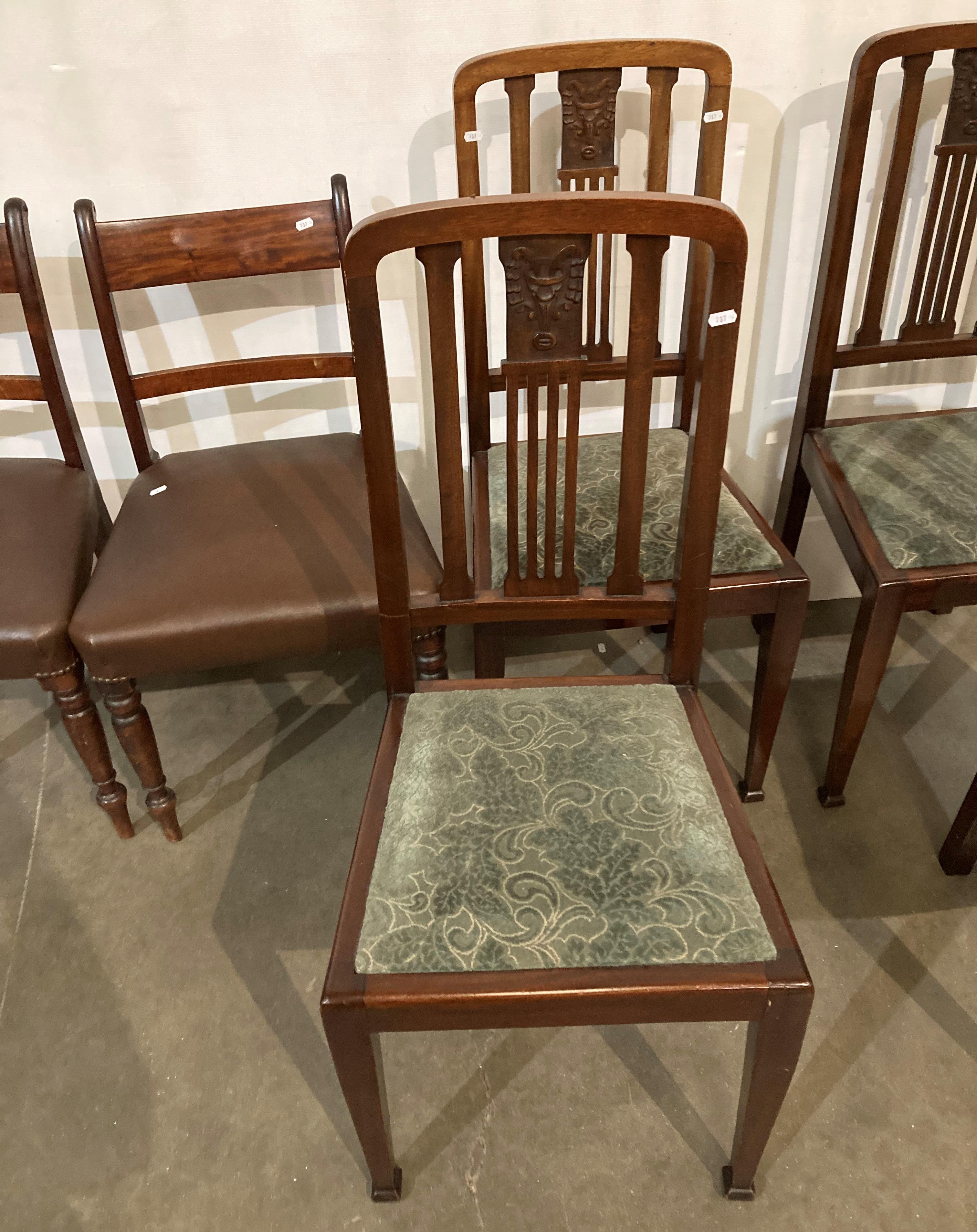 Set of four mahogany rail-back dining chairs with carved central details and a pair of mahogany - Image 3 of 4