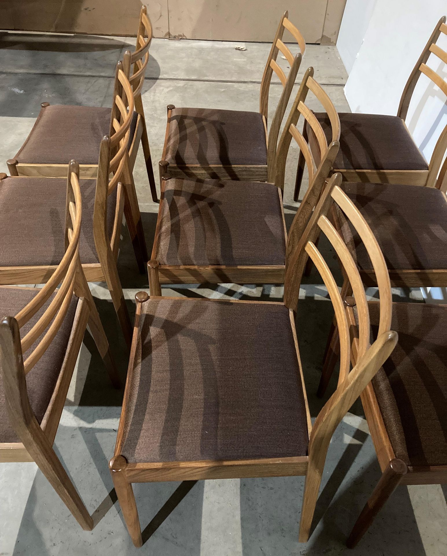 Set of nine Mid Century teak G-Plan dining chairs by VB Wilkins with brown fabric seats (saleroom - Image 3 of 6