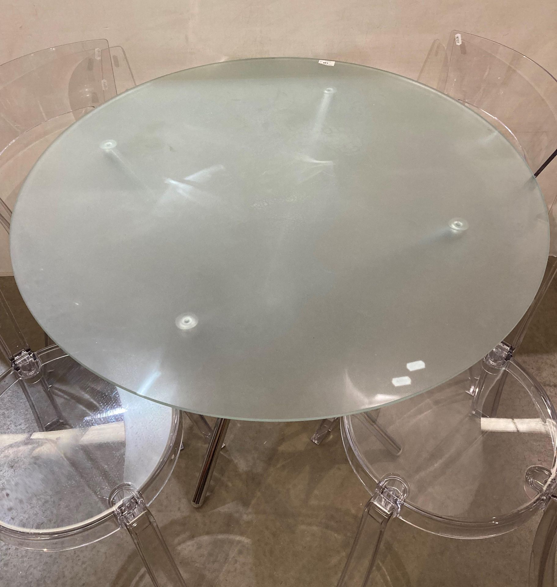 Circular frosted glass dining table on base (97cm diameter) and set of four Ikea Stein transparent - Image 2 of 3