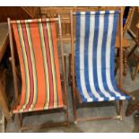 Two folding wood deck-chairs with stripped fabric seats (saleroom location: diesel tank)