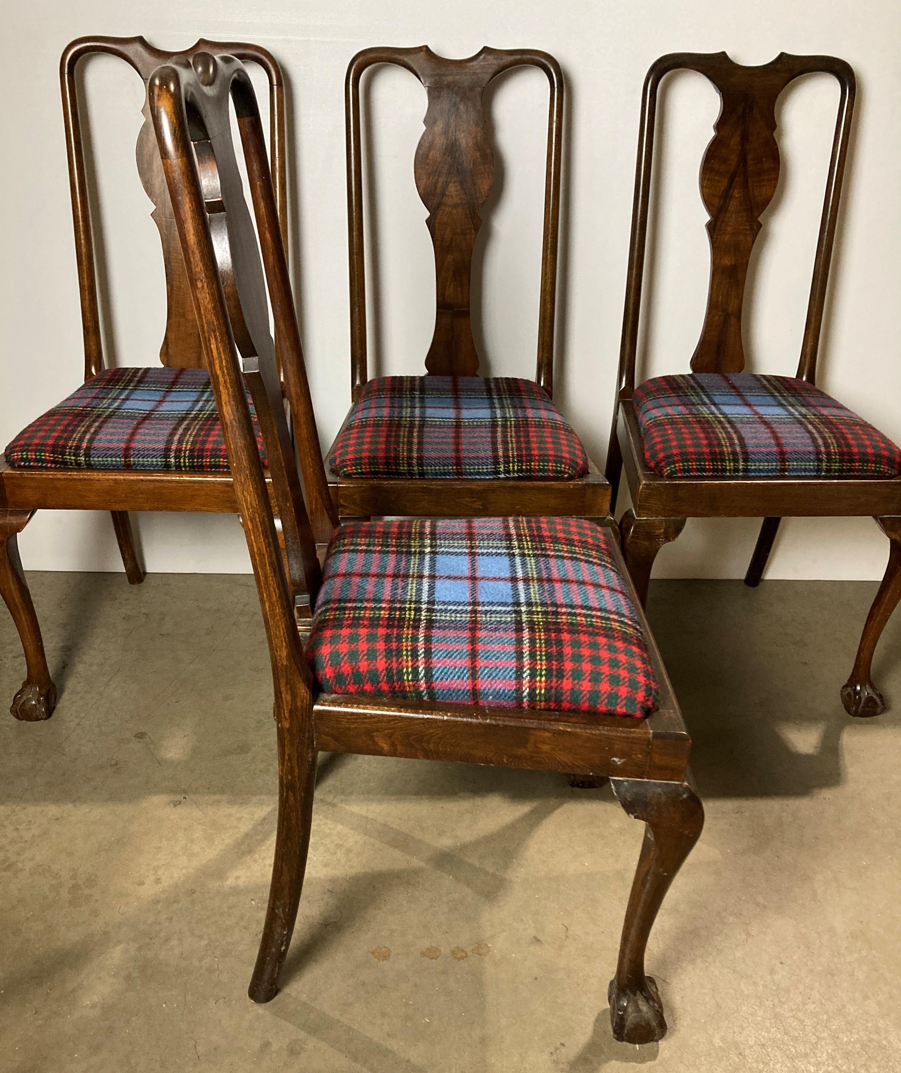 Set of four mahogany dining chairs on claw and ball feet with tartan-style fabric (re-upholstered) - Image 4 of 4