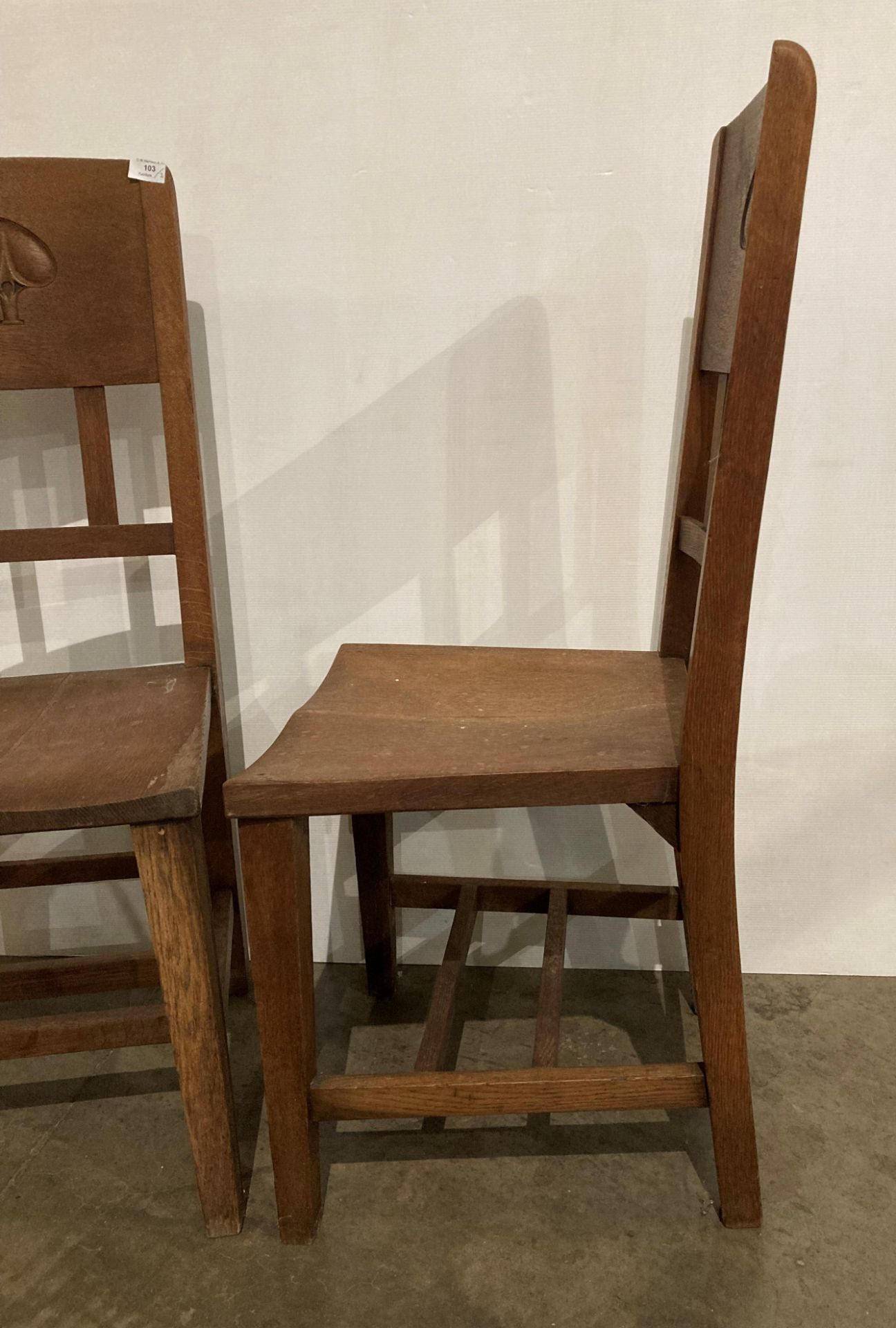 A pair of Arts & Crafts oak chairs designed by William James Neatby (1860-1910) with hand-carved - Image 3 of 5