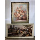 Oil on canvas of a still life floral design by 'Robin' in gilt frame (40 x 50cm) and a framed print