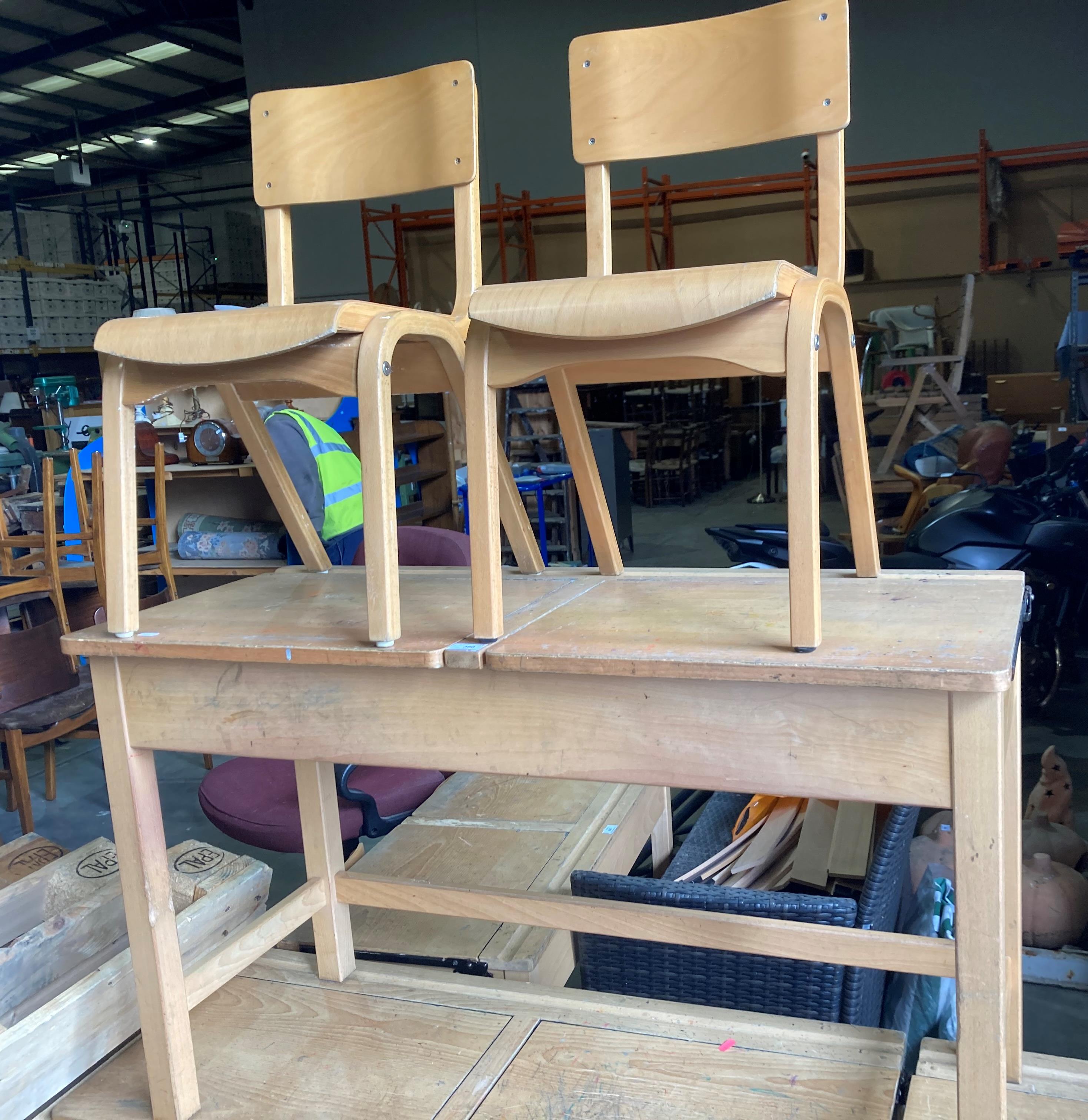 Twin wooden lift-top school desk (105 x 46 x 60cm high) with 2 x wooden school chairs (58cm to top