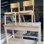 Twin wooden lift-top school desk (105 x 46 x 60cm high) with 2 x wooden school chairs (58cm to top