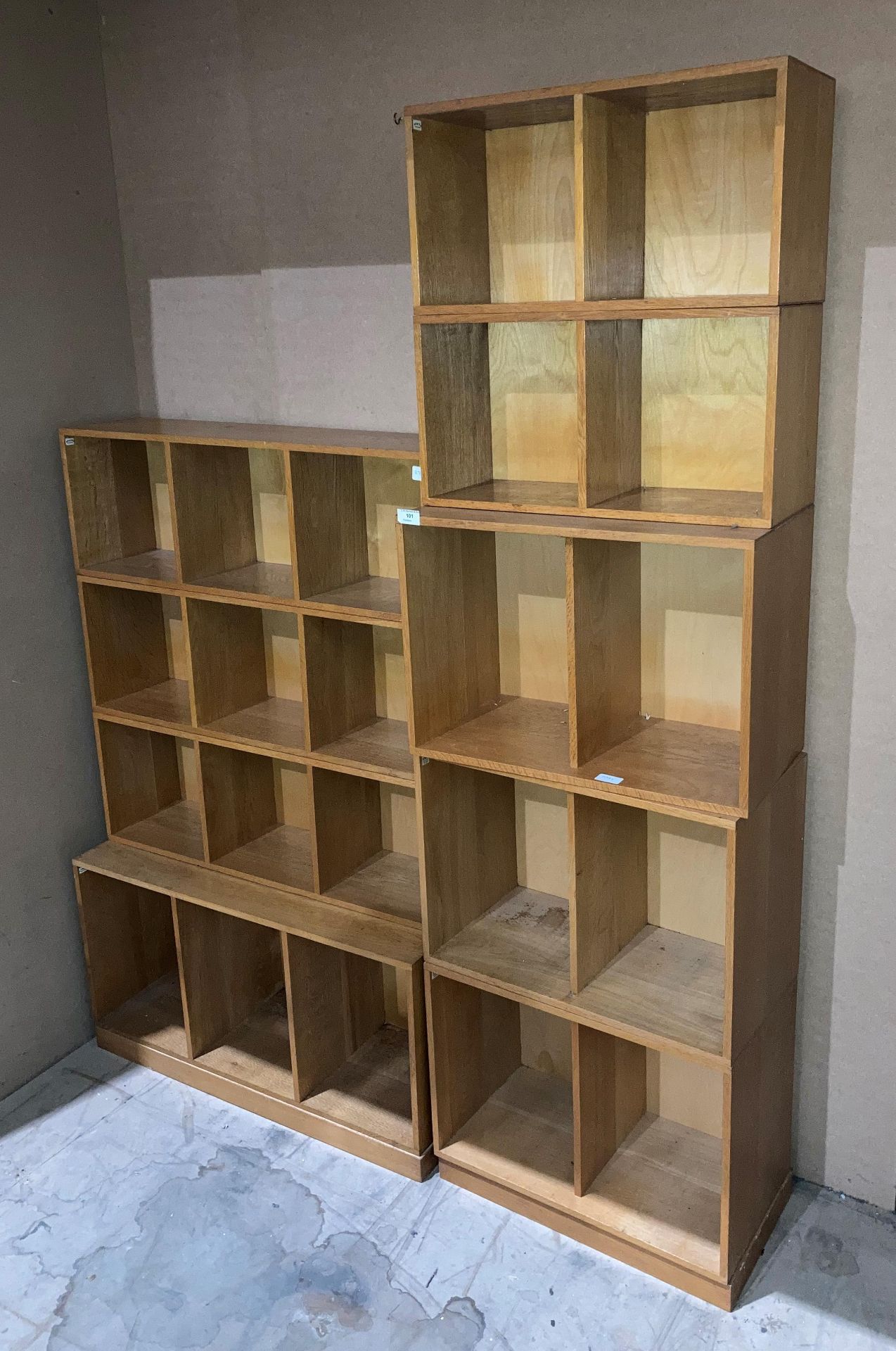 A 'Unix' oak stacking storage system including 3 x 2 block sections (55cm x 38cm),