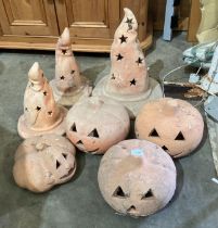 Four terracotta pumpkins and three terracotta witches' hats (7) (saleroom location: diesel tank)
