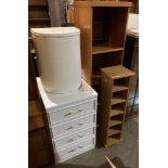 Three items - four shelf pine finish open front unit white four drawer bedroom cabinet and a white