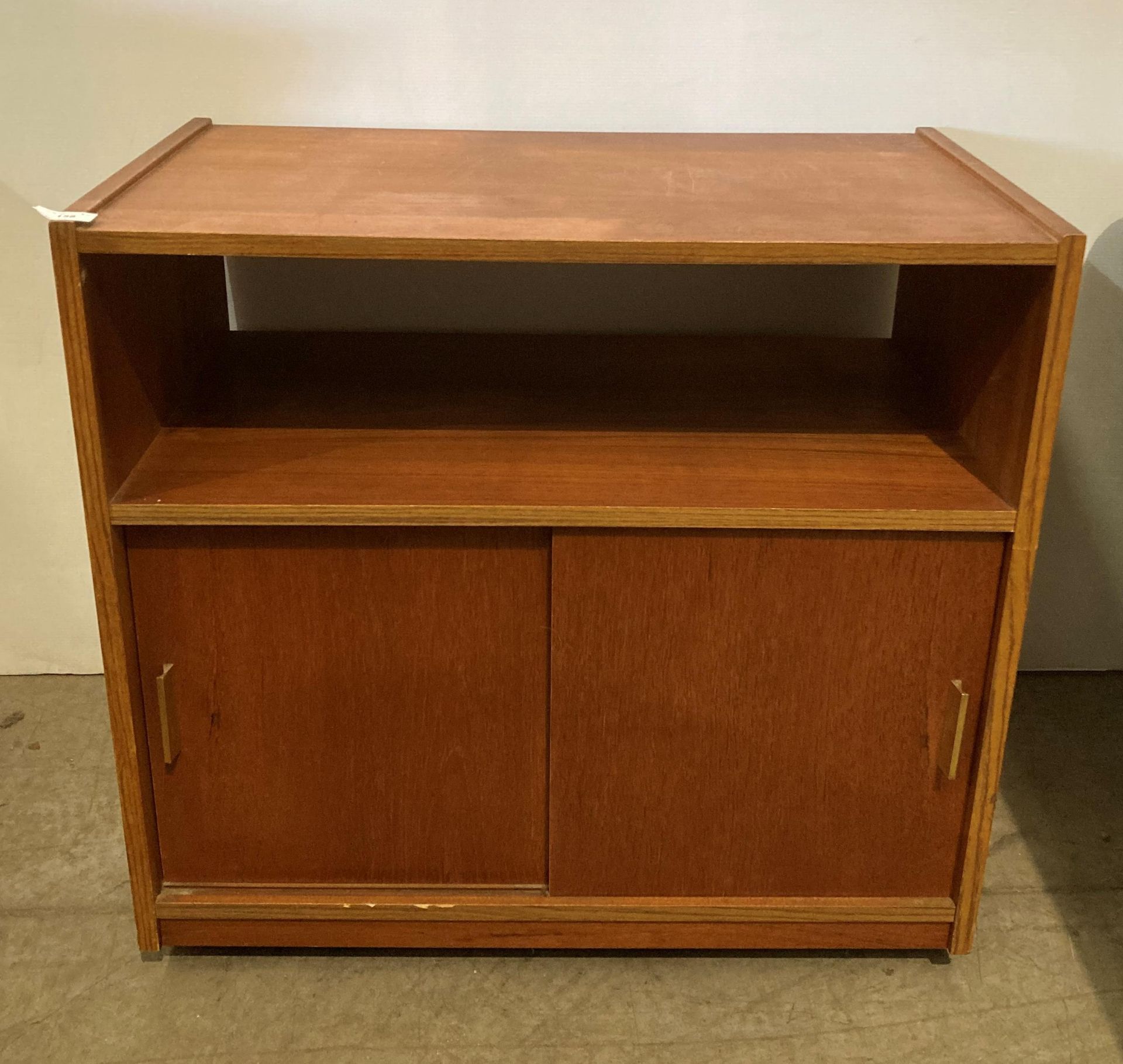 Mid-Century teak mobile music cabinet with two sliding doors and a single shelf, 67.5cm x 39.