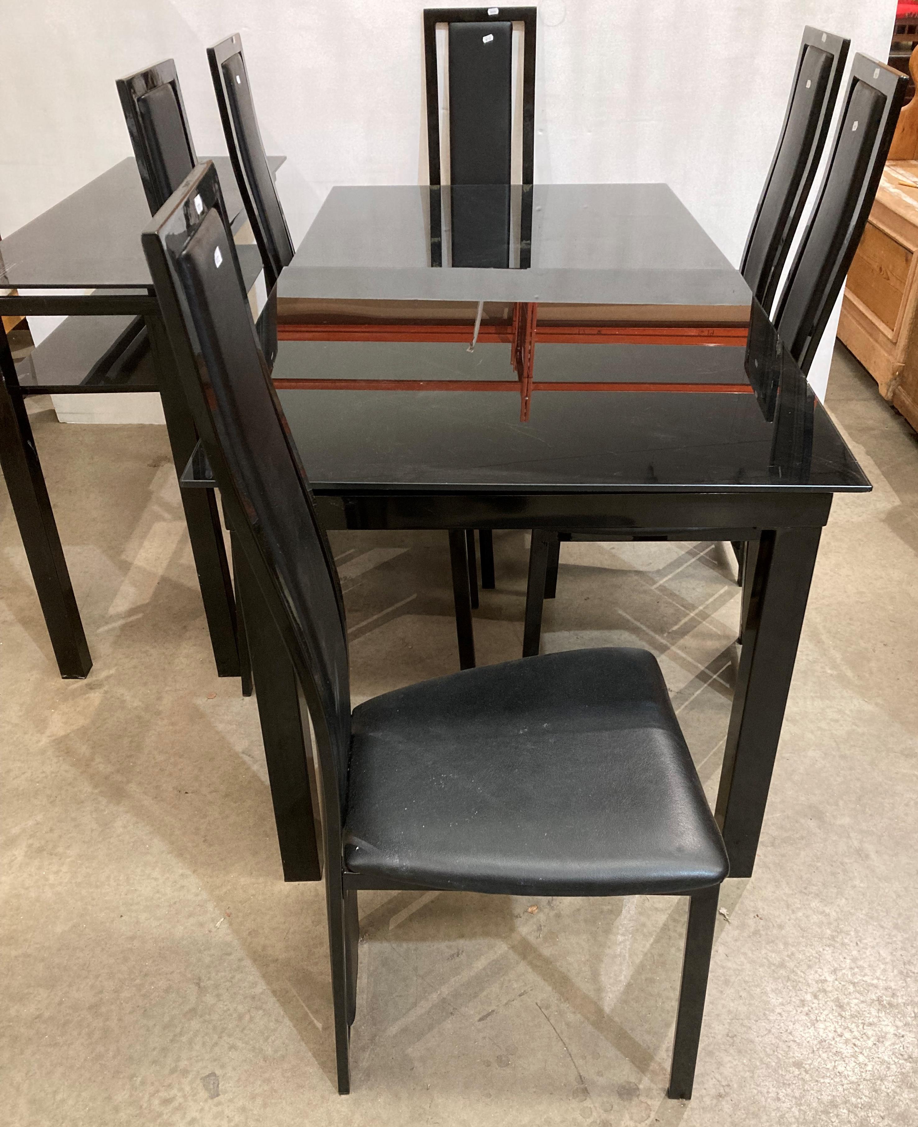 Black glass extending dining table with six matching black high-back dining chairs and a matching - Image 4 of 4