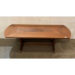 Mid-Century solid oak coffee table with five central leather panels,