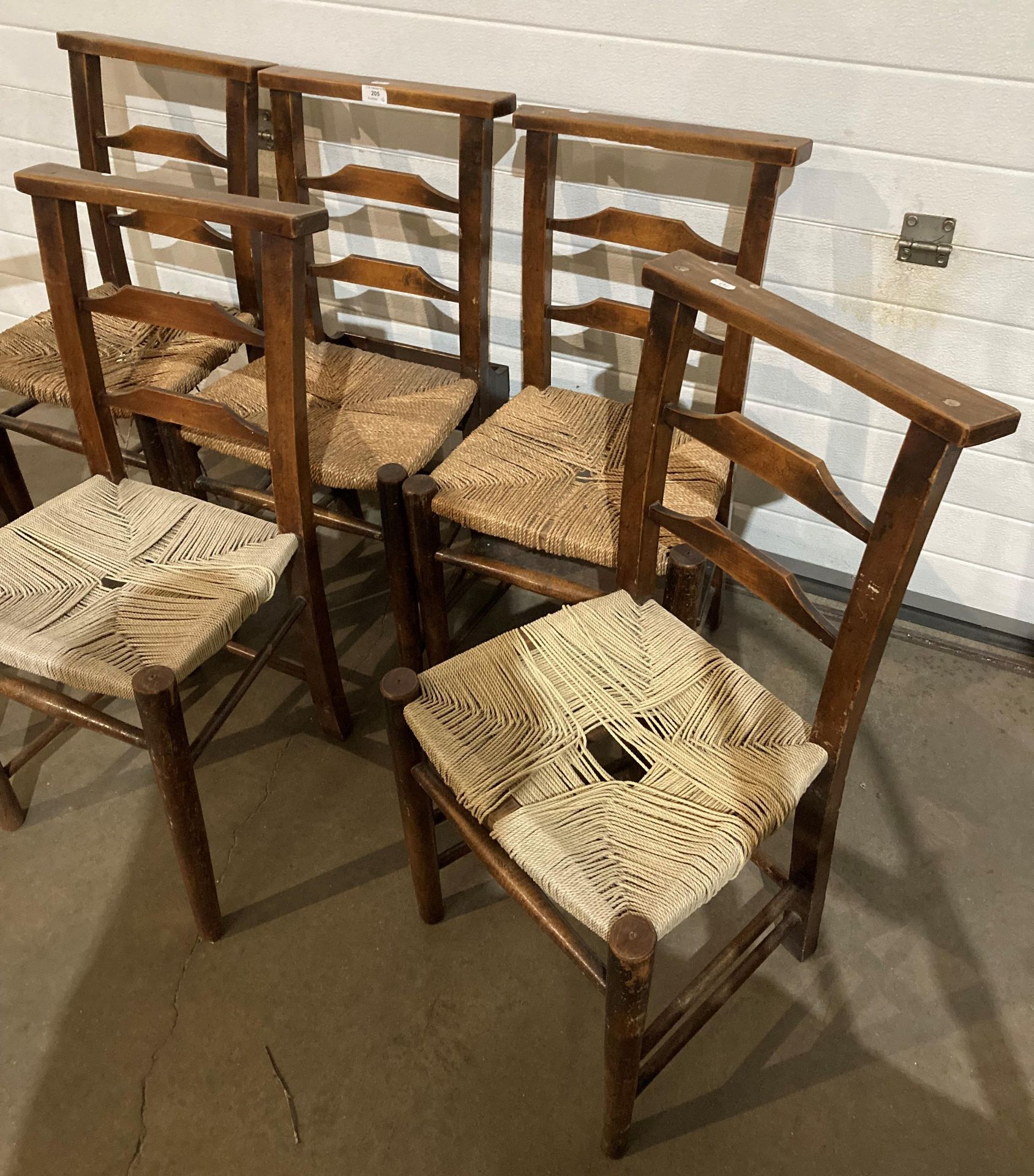 Set of six elm church chairs with re-woven seats and two with book shelves (saleroom location: MA4) - Image 3 of 3