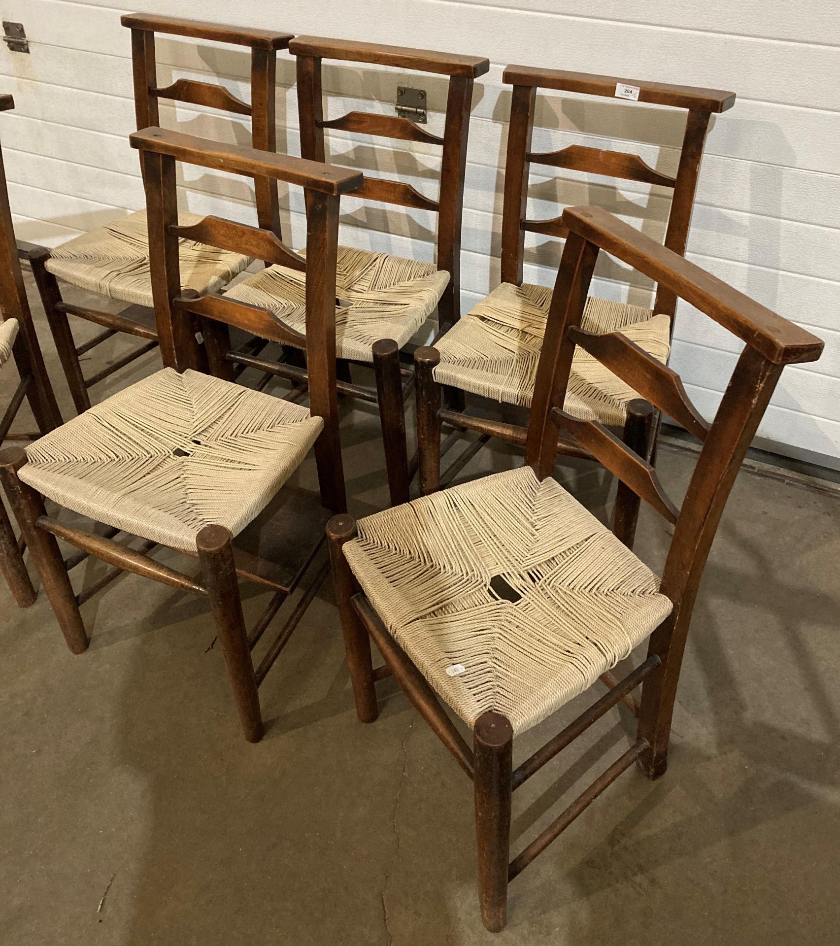 Set of six elm church chairs with re-woven seat and three chairs with book/bible shelves (saleroom - Image 3 of 3