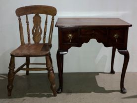 Mid-Century mahogany three-drawer lowboy on cabriole legs and an elm chair with turned legs and