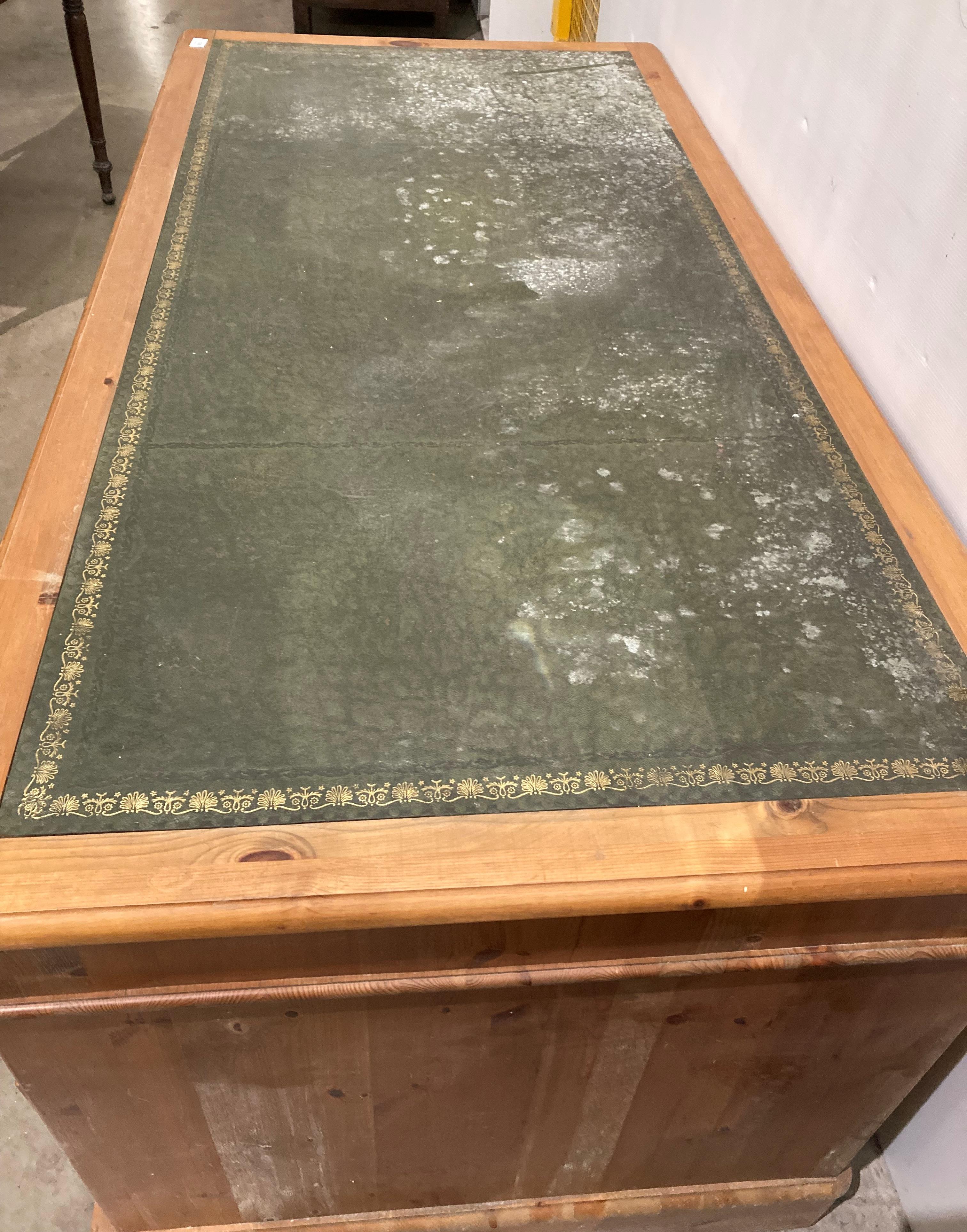 A Ducal pine twin pedestal desk with green tooled leather top insert and eight drawers, - Image 2 of 7