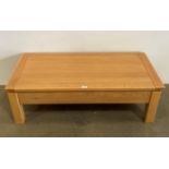 Solid oak lift-top coffee table with lift-up hinge-top, a duo coffee table to settee desk,