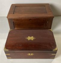 A 20th Century mahogany writing box with brass corners and plaque (missing internal dividers) (45cm