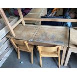 Twin wooden lift-top school desk (105 x 46 x 60cm high) with 2 x wooden school chairs (58cm to top