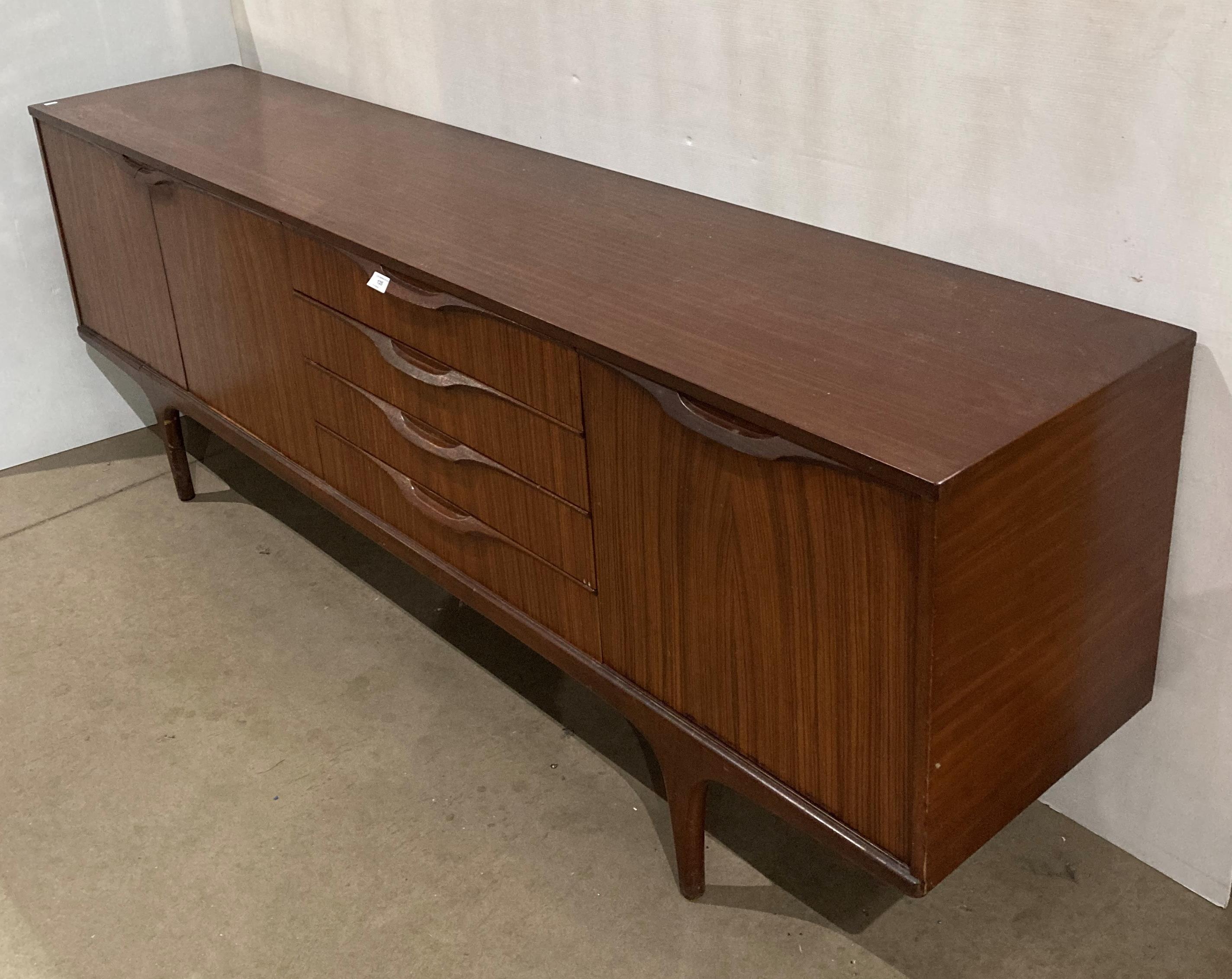 Mid-Century dark teak sideboard with two doors and four drawers including a cutlery drawer and a