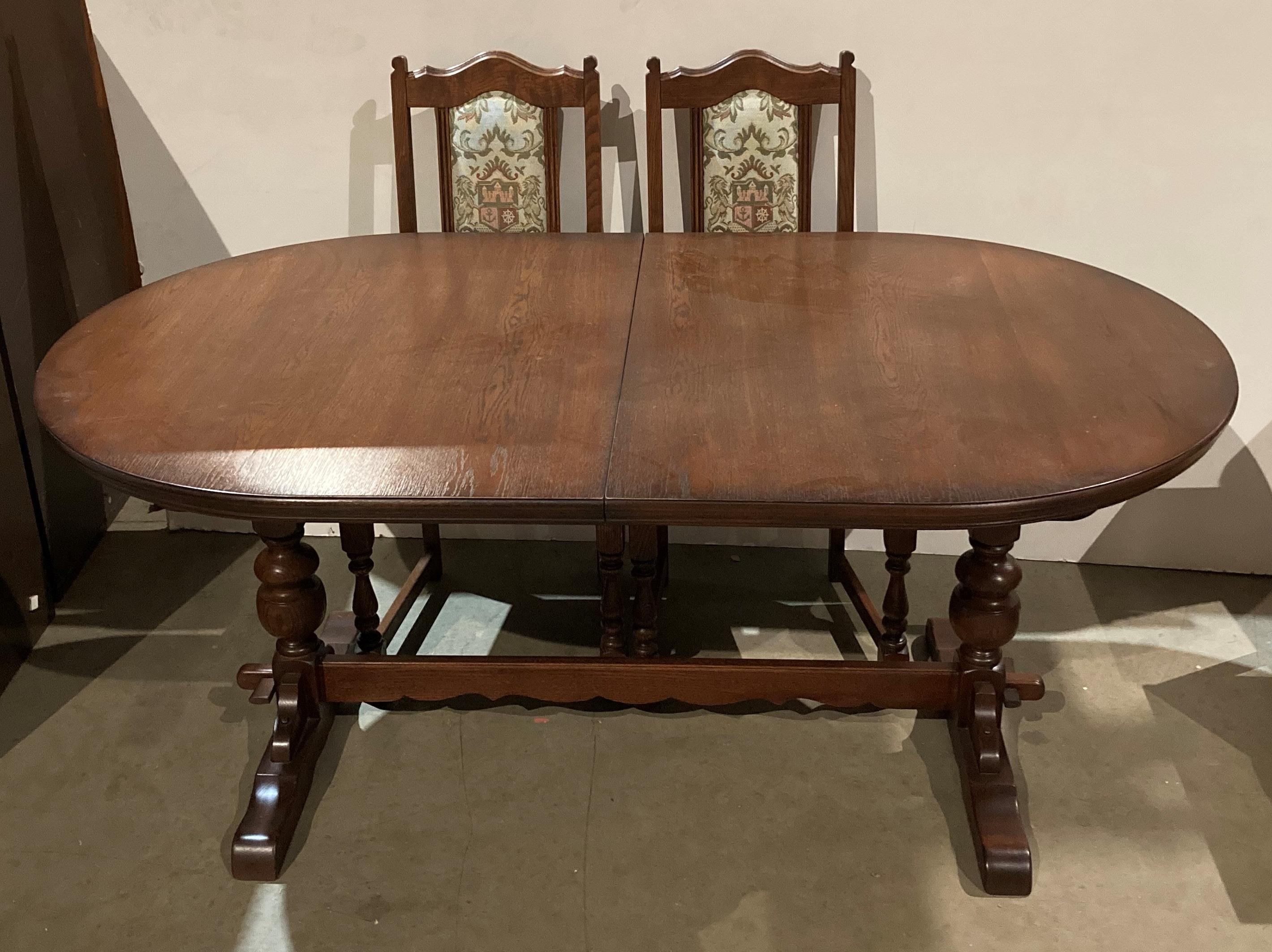 Oak Old Charm extending dining table and four chairs with embroidered fabric, - Image 2 of 3