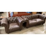 A dark brown leather three-seater Chesterfield settee and matching armchair (saleroom location: S3