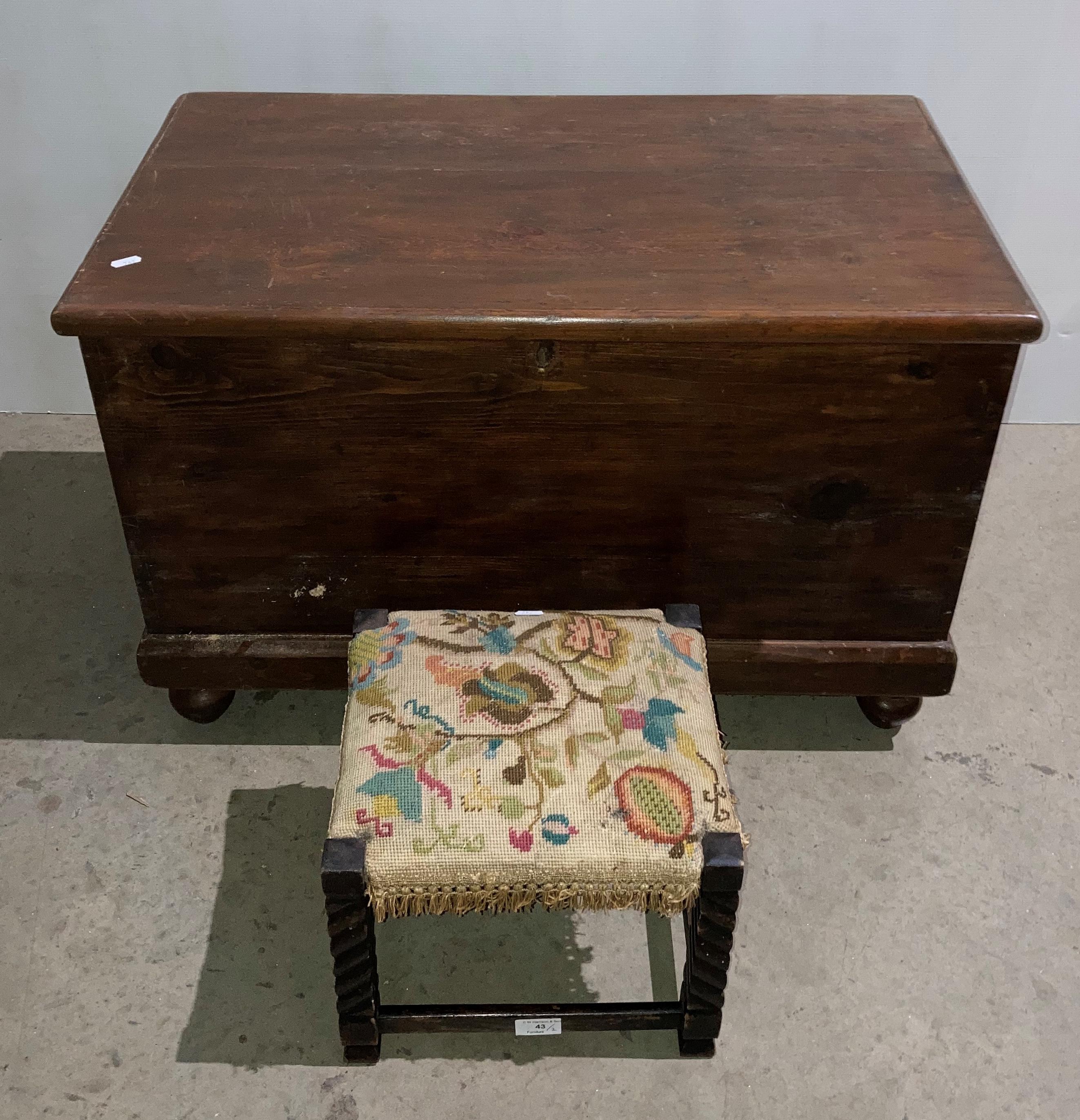 Oak blanket box (82 x 47 x 54cm) and an oak foot stool with embroidered seat (saleroom location: S1