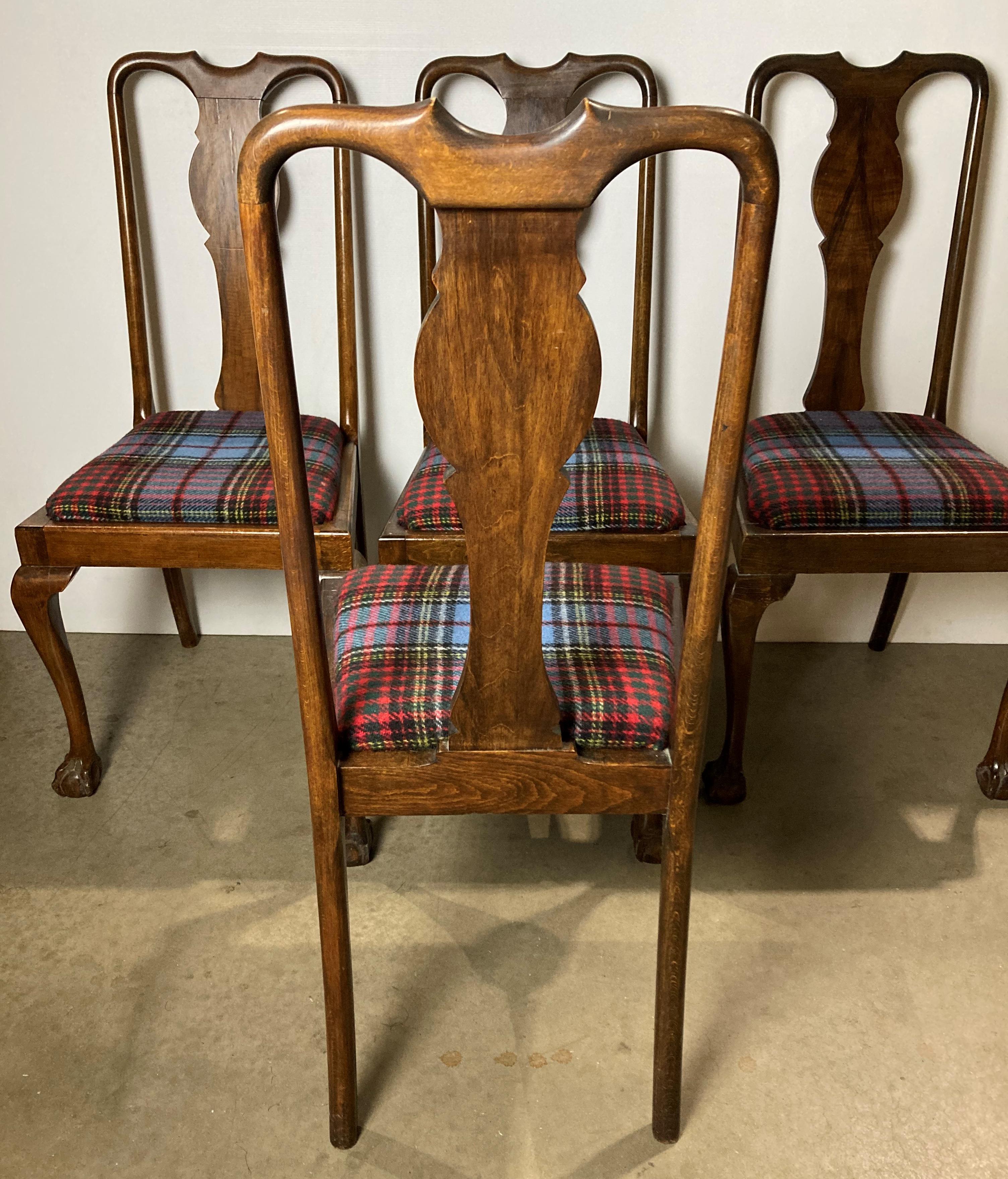 Set of four mahogany dining chairs on claw and ball feet with tartan-style fabric (re-upholstered) - Image 3 of 4