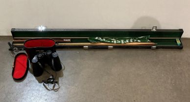 Two items - Riley two-piece snooker cue in a black metal case and a pair of Prinz 10x50 binoculars